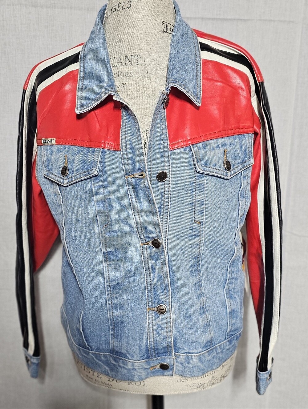 Vintage-Inspired Denim Jacket with Red Leather Yoke - Men